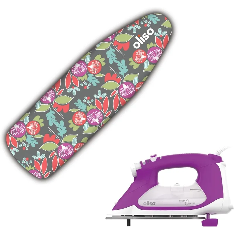 

SmartIron мощностью 1800 Вт с автоматическим подъемом и крышкой для гладильной доски OLISO, прочная подкладка из 100% хлопка, фетровая подушечка профессионального класса (цветочный)