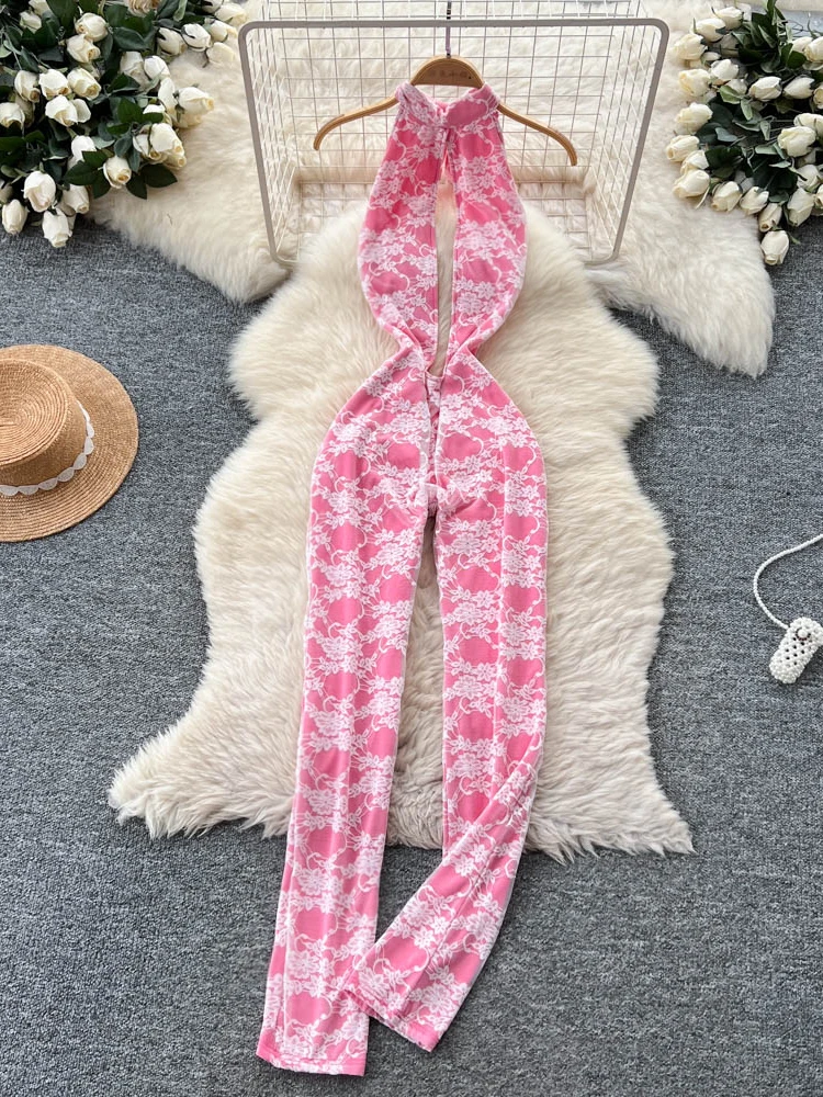 

Sexy Lace One-Piece Suit for Women Summer Hollow out Ne Hanging Svel High Waist Long Pants Commute Sle Straight Tube