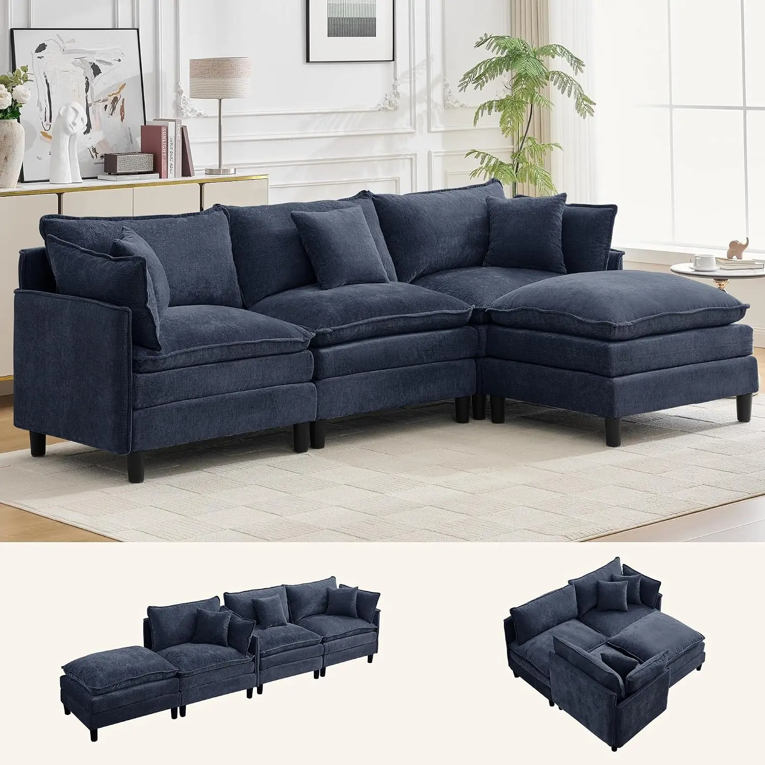 L-Shaped Sectional Sofa, 3-Seater with Movable Ottoman, Chenille Set with Removable Pillows, Customized