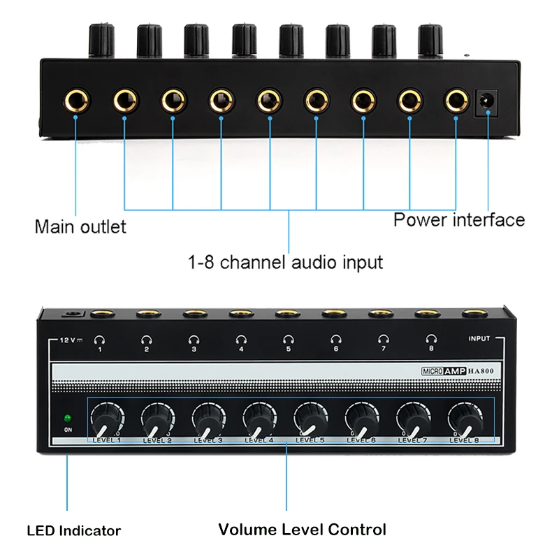 

HA800 Headphone Amplifier Audio Amp Ultra-compact 8 Channels Mini Audio Stereo Microphone AMP with Power Adapter