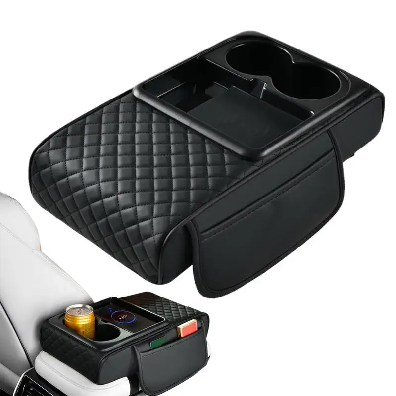 

15W Wireless Charging Car Armrest Box Height Protection Pad Car Tissue Box Center Pu Leather Elbow Cup Holder With Side Pocket