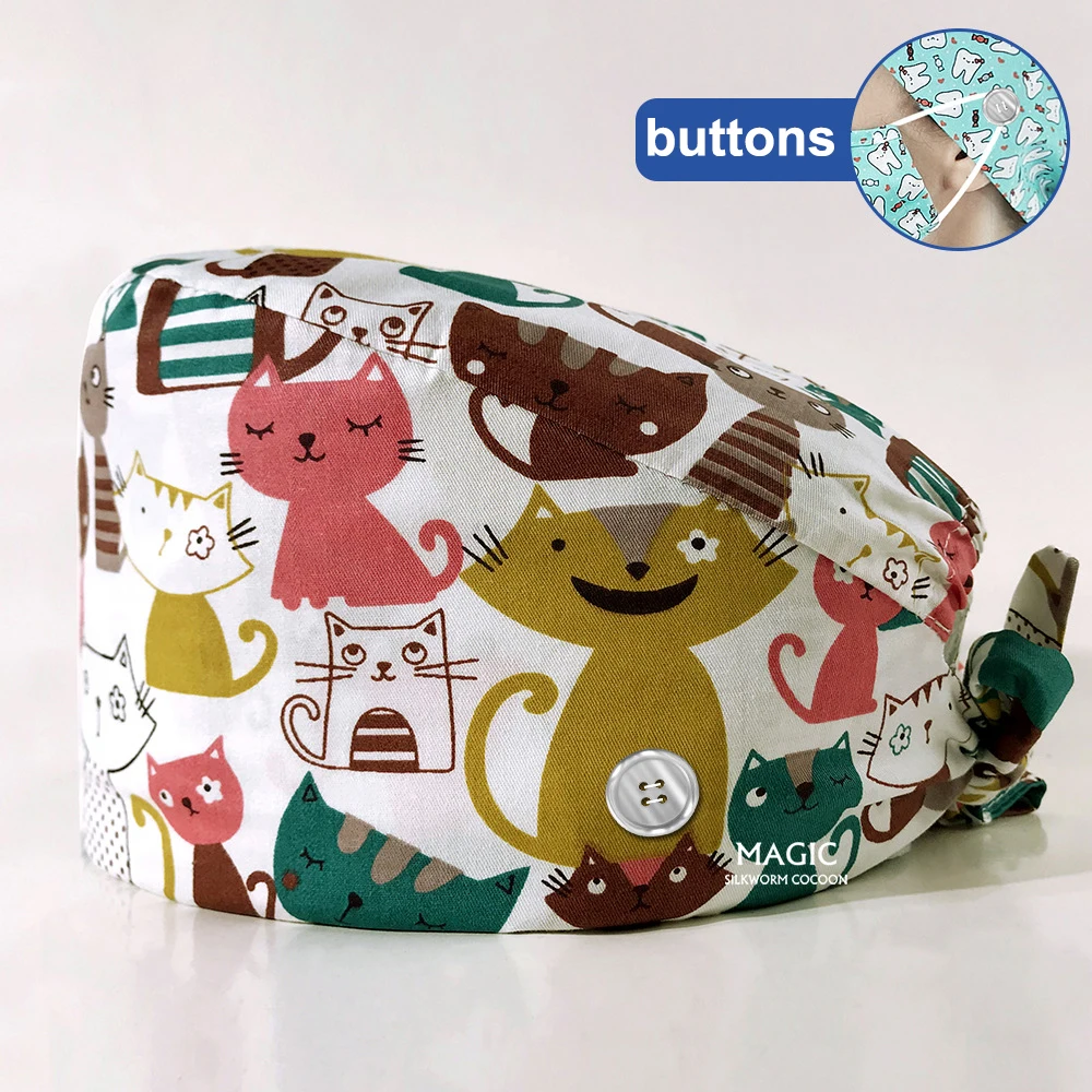 

Cotton Leopard Unisex Dentist Hat Surgical Caps Pharmacy Printed Scrub Cap Medical Print Pet Clinic Nurse Salon Hat with Buttons