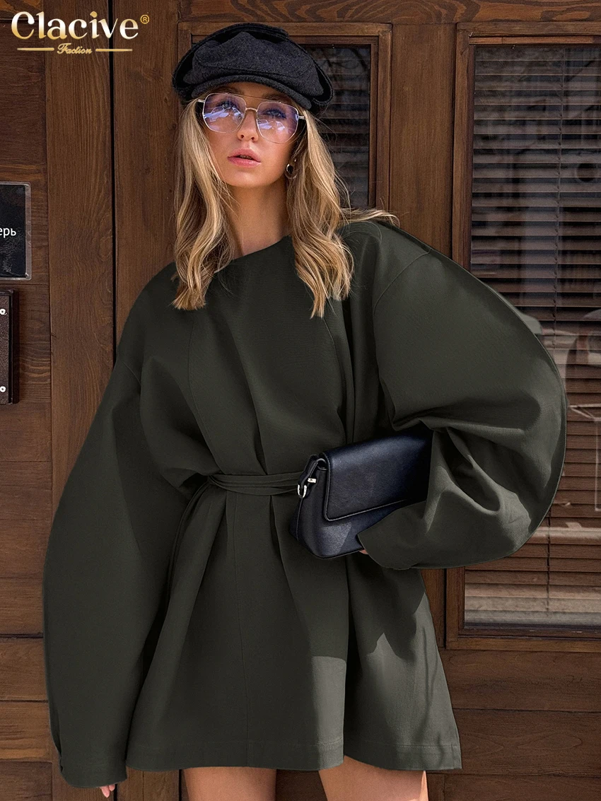 

Clacive Fashion Loose Green Women's Dress 2025 Casual O-Neck Long Sleeve Mini Dresses Elegant Classic Solid Lace-Up Female Dress
