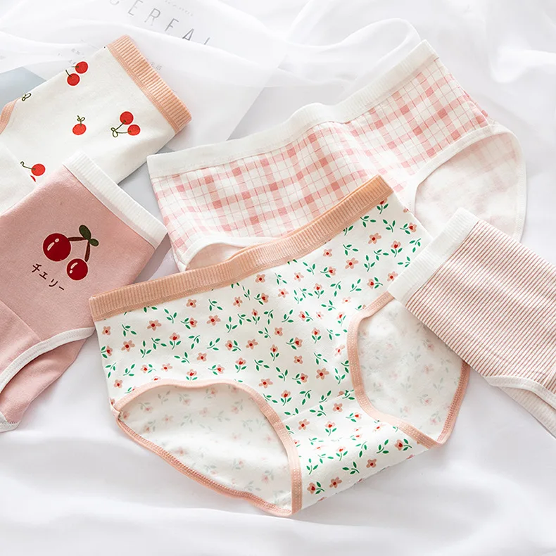 Fashion Menstrual Cotton Women Sweet Breathable Comfortable Soft Female Print Lovely Cherry Flower Solid Color Underpants 2024