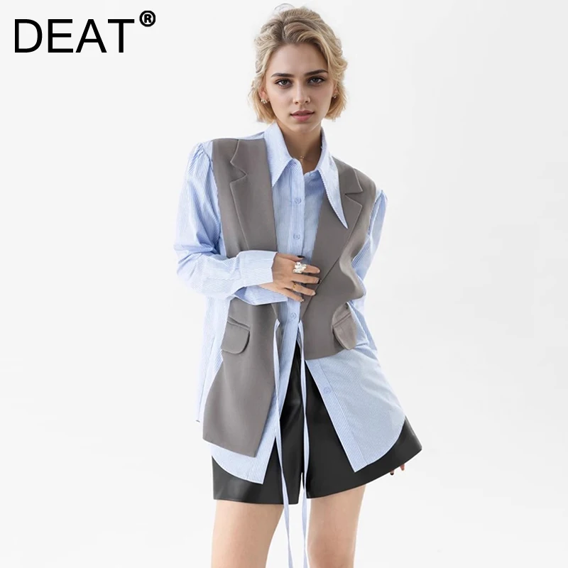 DEAT Fashion Fake 2 Pcs Shirt Women Lace-up Asymmetrical Patchwork Blazer Single Braested Stripe Blouse Spring 2025 New 7AB8027