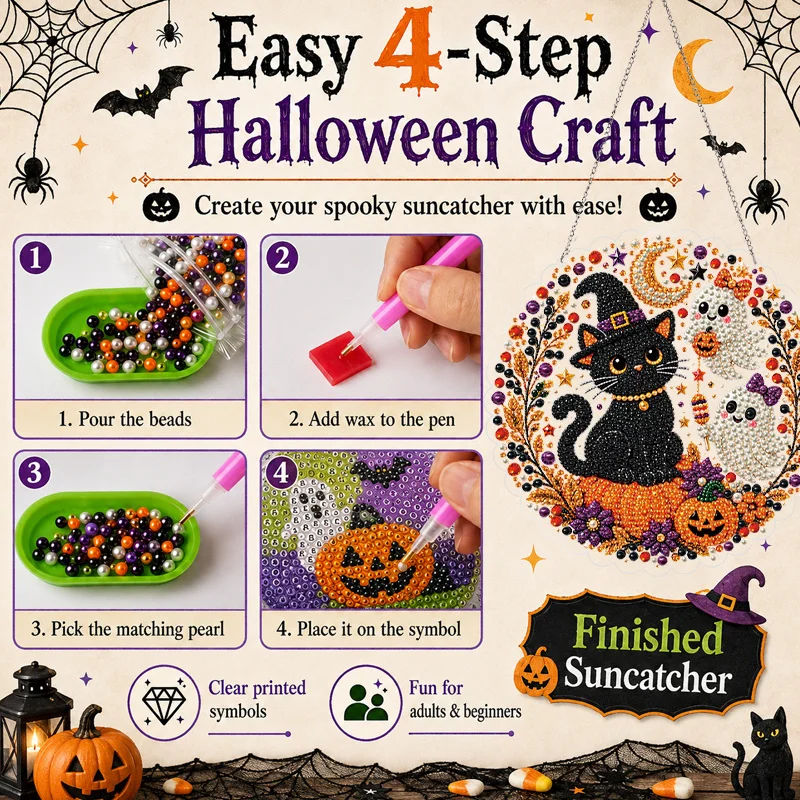 2D Flat, 1Pc/2Pcs 20cm Halloween Black Cat & Ghost Diamond Art Suncatcher, 3D Pearl Diamond Painting Suncatcher Kit with