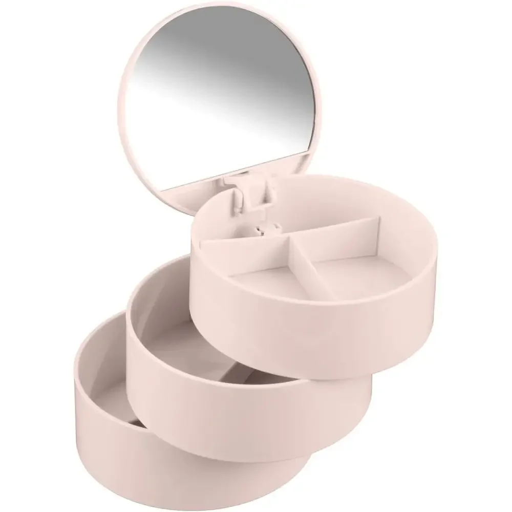 Pink ABS Cosmetic Tower with 3 Compartments and Mirror, 13 x 13 x 14 cm