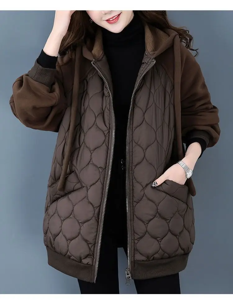 2025Autumn/Winter Jacket Women Hooded Splice Down Cotton Coat  European Station Large Size Loose Cotton Jacket Female Outerwear