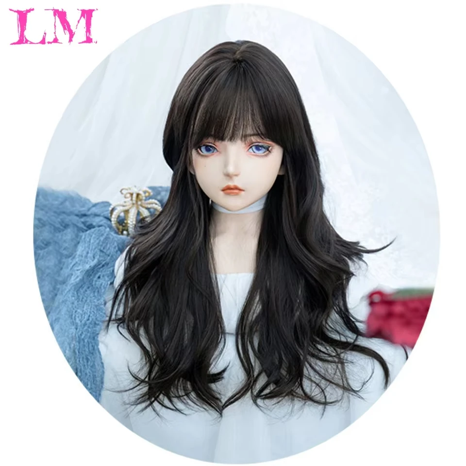 LM Synthetic Wigs Brown Long Deep Wave Hair Lolita Brown Wigs With Bangs Synthetic Wig For Women Fashion Thick Curls Wigs Girl