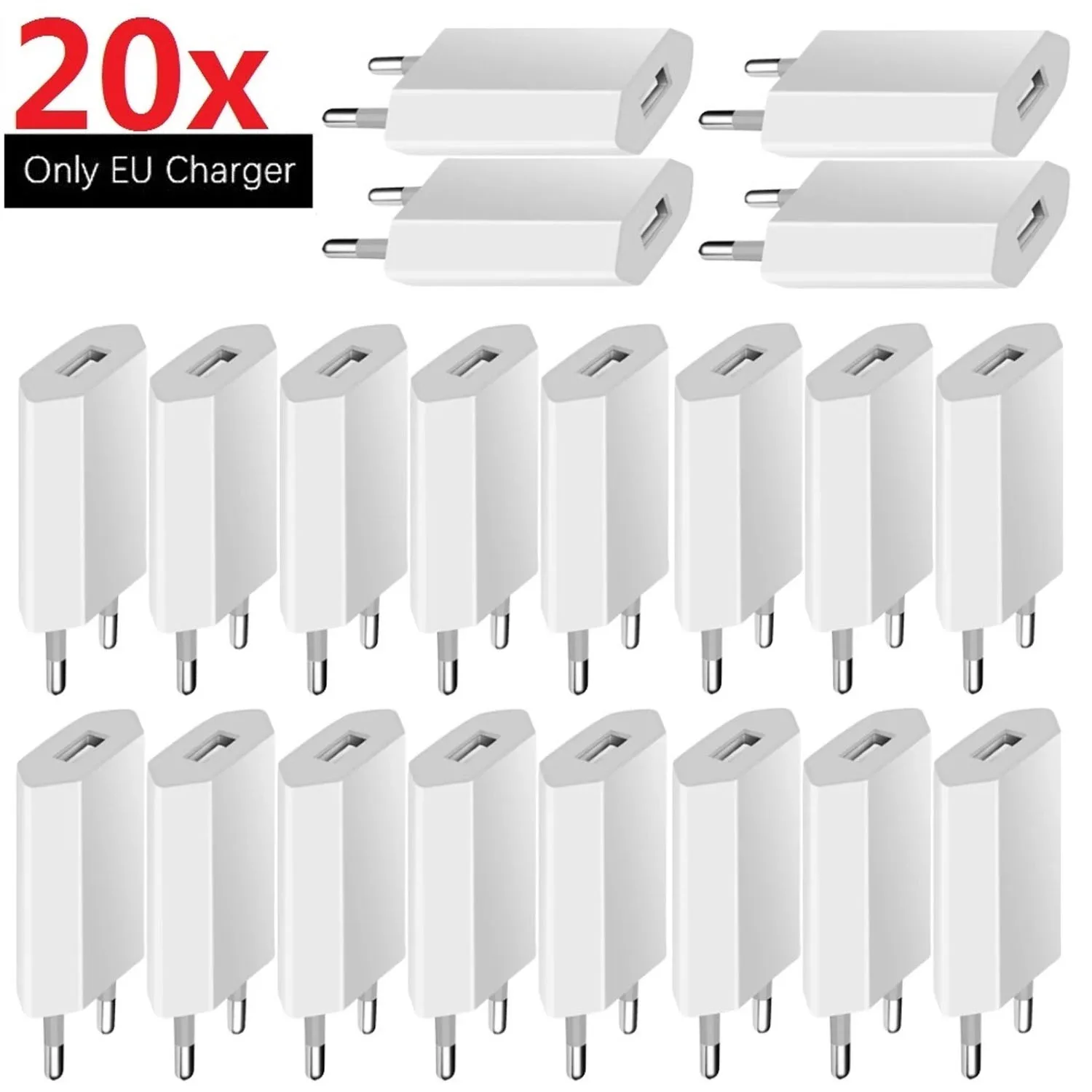 

20 Pcs Portable 5V 1A Eu US 5W AC Usb Wall Charger Travel Power Adapter For IPhone 7 8 x 12 13 14 Samsung Huawei Charger