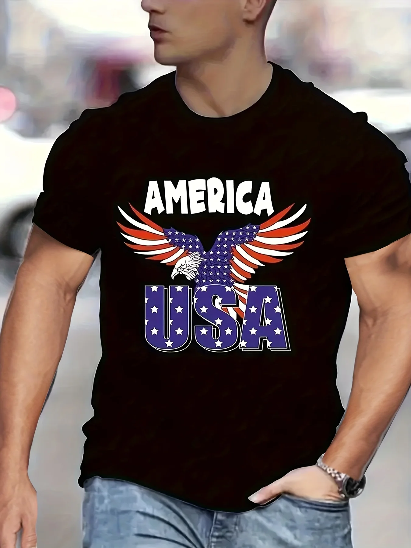 

Eagle Print T-shirt Mens Casual Street Style Stretch Round Neck Tee Shirt For Summer