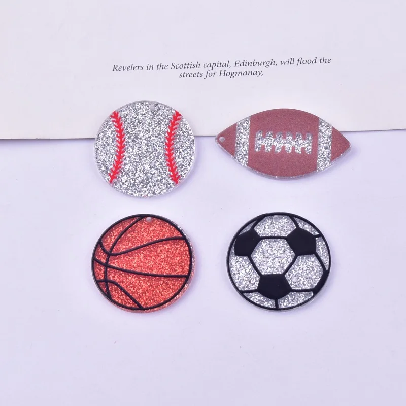 Glitter Acrylic Basketball Football Baseball Charm Flat Back Epoxy Sport Pendant for DIY Earrings Jewelry Making 5PCS