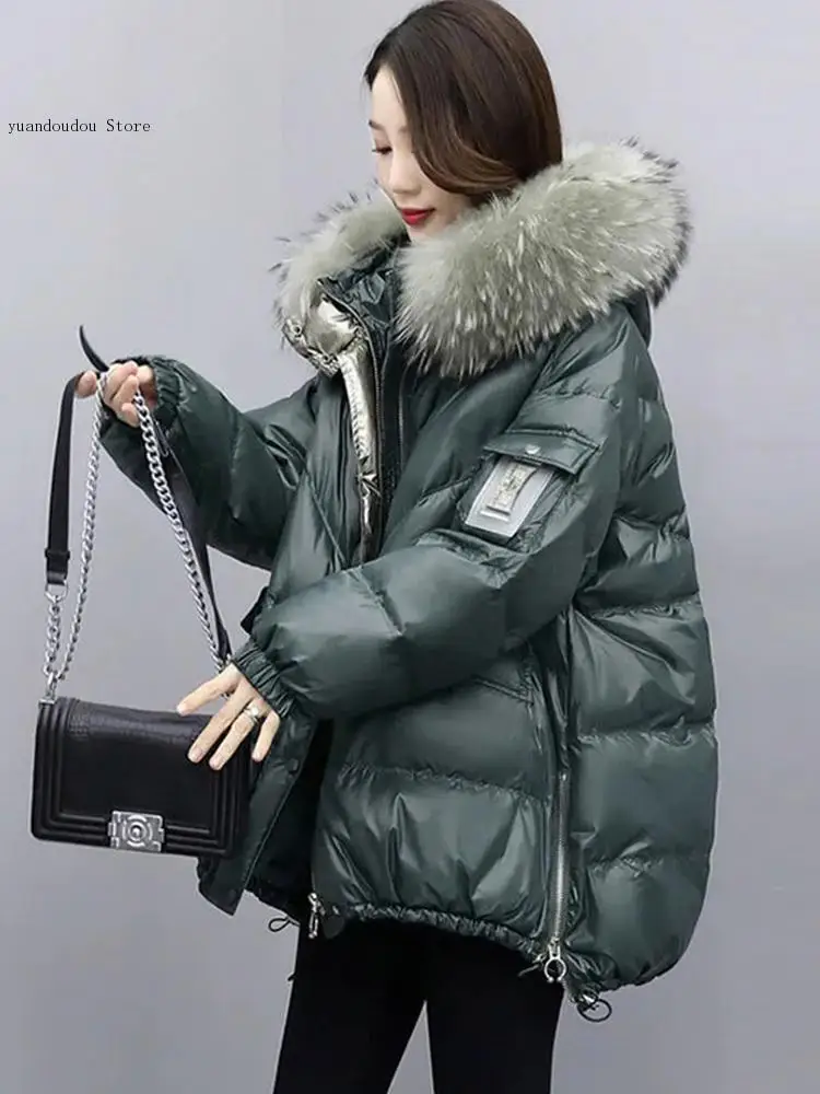 Winter Fur Collar White Down Duck Parka Hooded Winter Down Jacket Women\'s White Duck Down Jacket Thick Warm Parka