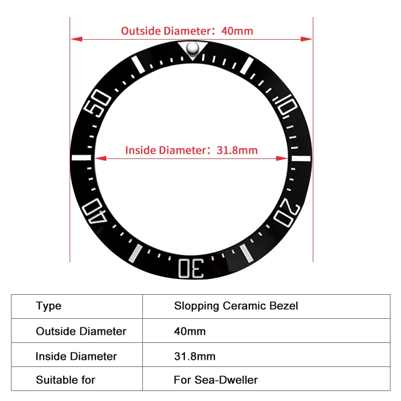 Sloped Ceramic Bezel insert  Slopping bezel 40*31.8mm For Sea-Dweller MOD watch parts (No Luminous)