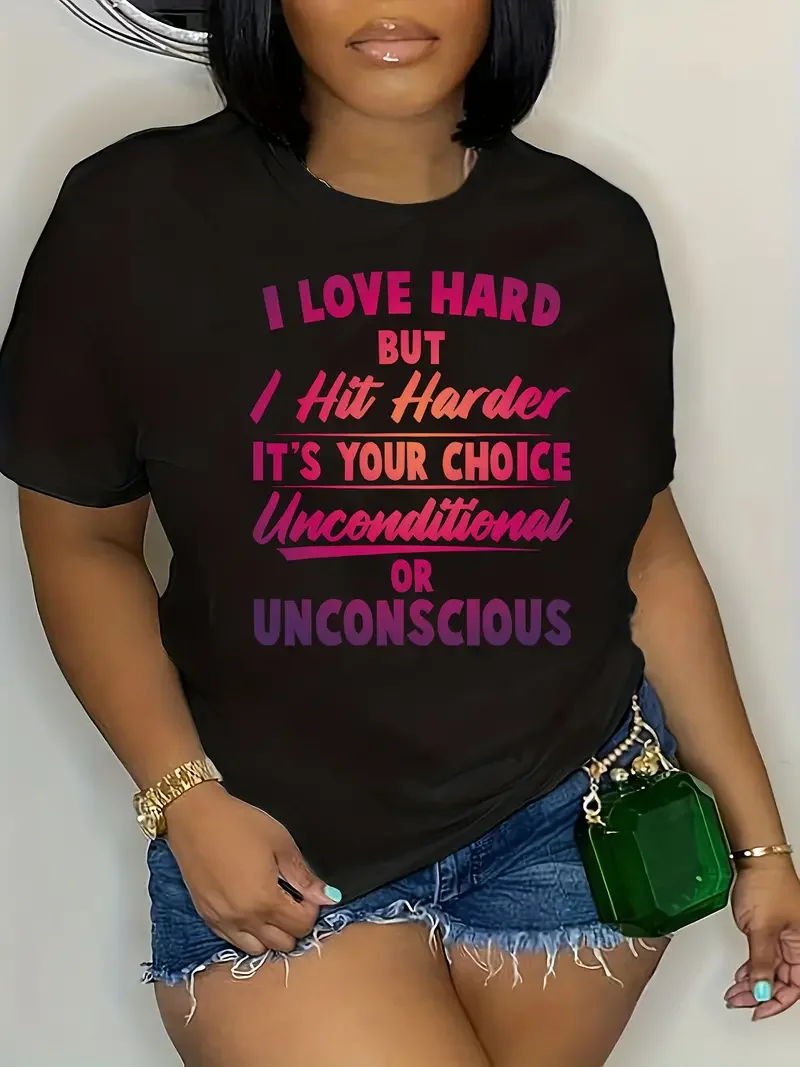 Plus Size litera T-Shirt z nadrukiem na co dzień wycięcie pod szyją koszulka z krótkim rękawem damska odzież Plus Size