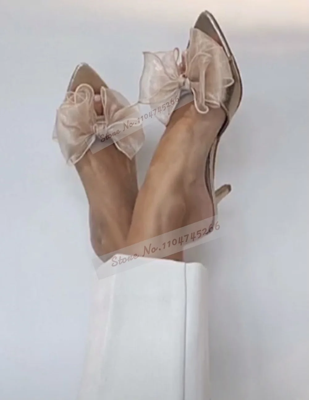 Mules à talons hauts avec nœud papillon en maille d'air Champagne, pantoufles modernes à bout pointu en or clair avec gros nœud papillon, sandales d'extérieur à enfiler