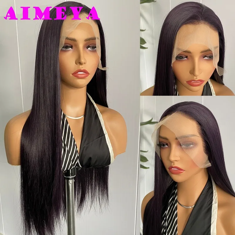 AIMEYA Dark Purple Long Silky Straight Wig Synthetic Lace Front Wigs for Women Heat Resistant Natural Hairline Daily Wear