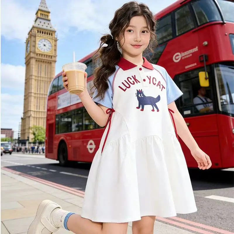 Girls Summer Color Block Polo Collar Lucky Cat Print Dress