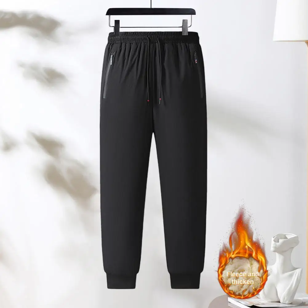 Drawstring Waist Pants Men's Winter Warm Plush Pants with Elastic Waist Zipper Pockets for Sport Travel Work Thick Heat for Men