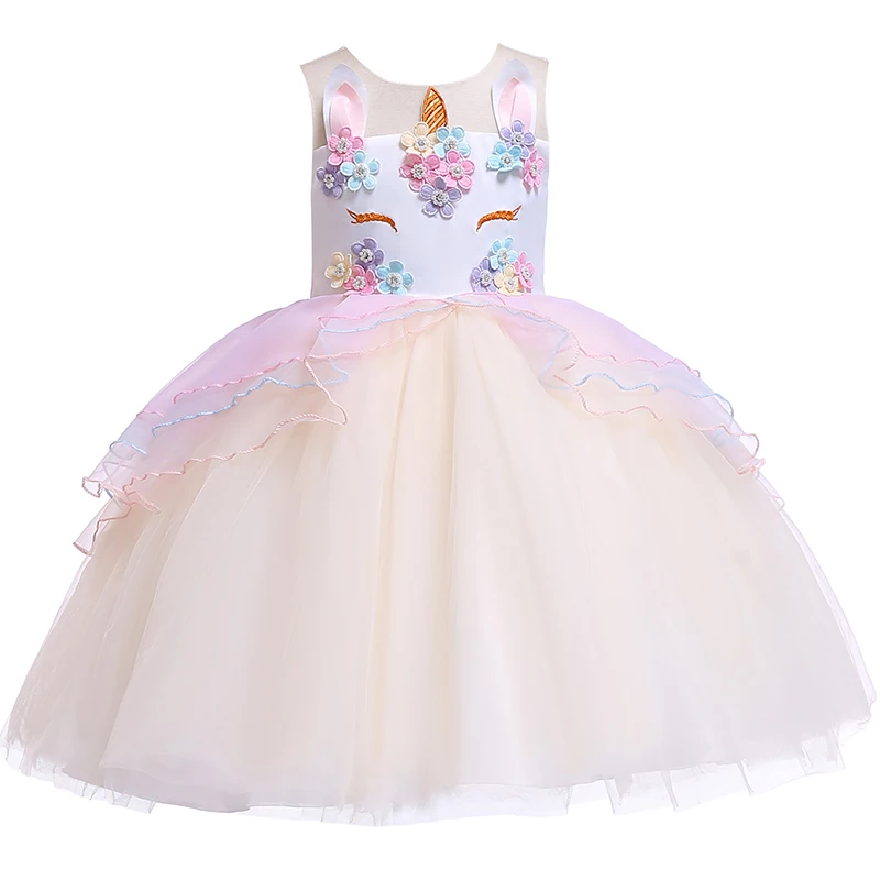 Girl Unicorn Cosplay Dress Children Party Birthday Princess Costume Sleeveless Trailing Wedding Christmas Outfit Girl Clothing