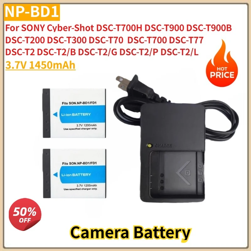 

3.7V 1450mAh NP-BD1 Camera Battery + Charger for SONY Cyber-Shot DSC-T700H/T900/T900B DSC-T2 /B /G /P /L High Quality