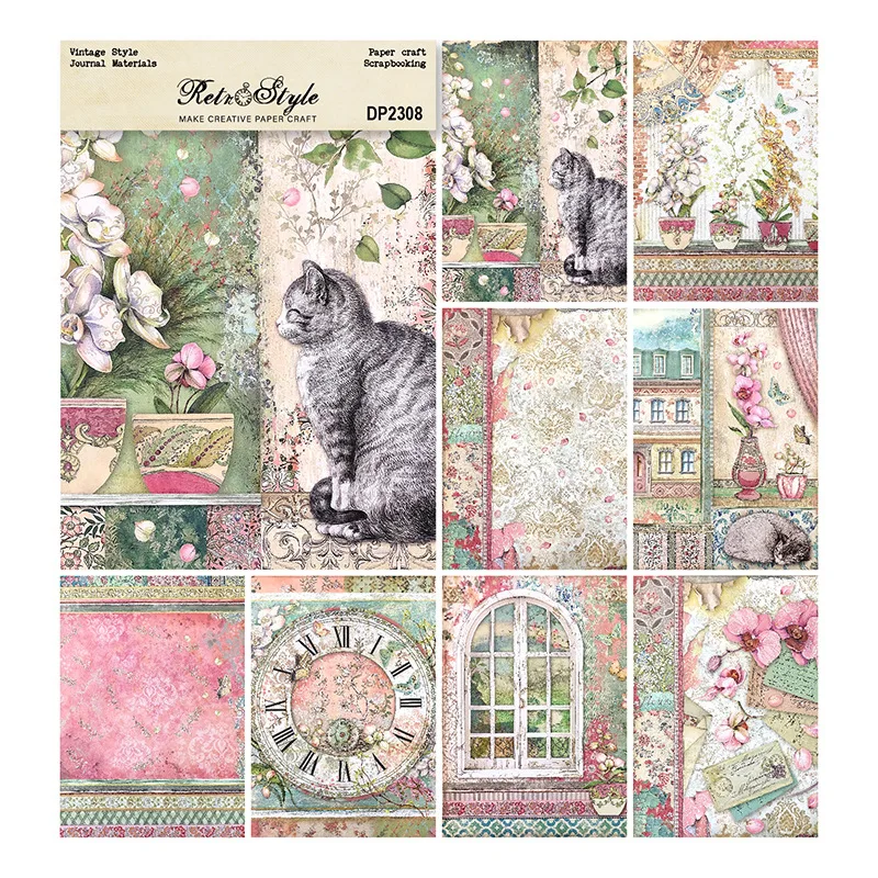 8Sheets A5 Size Cat Flower Window Scrapbooking Patterned Paper Card Making Retro Clock Craft Paper Scrapbooking Backgorund Paper