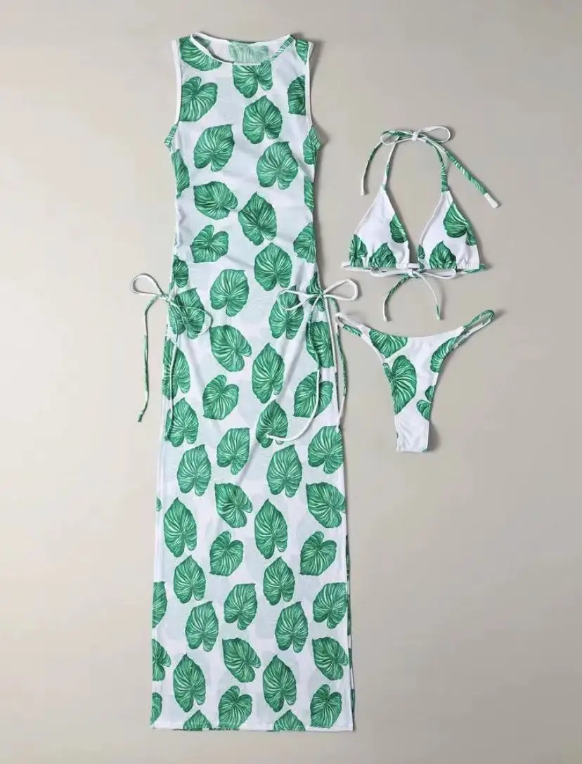 Bikini con Tanga y estampado de hojas para mujer, traje de baño Trikini femenino, 3 piezas, 2024