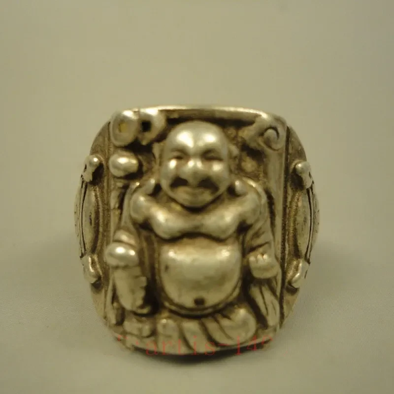 China Tibet Silver Hand-Made Happy Maitreya Buddha Statue Ring Decoration Gift