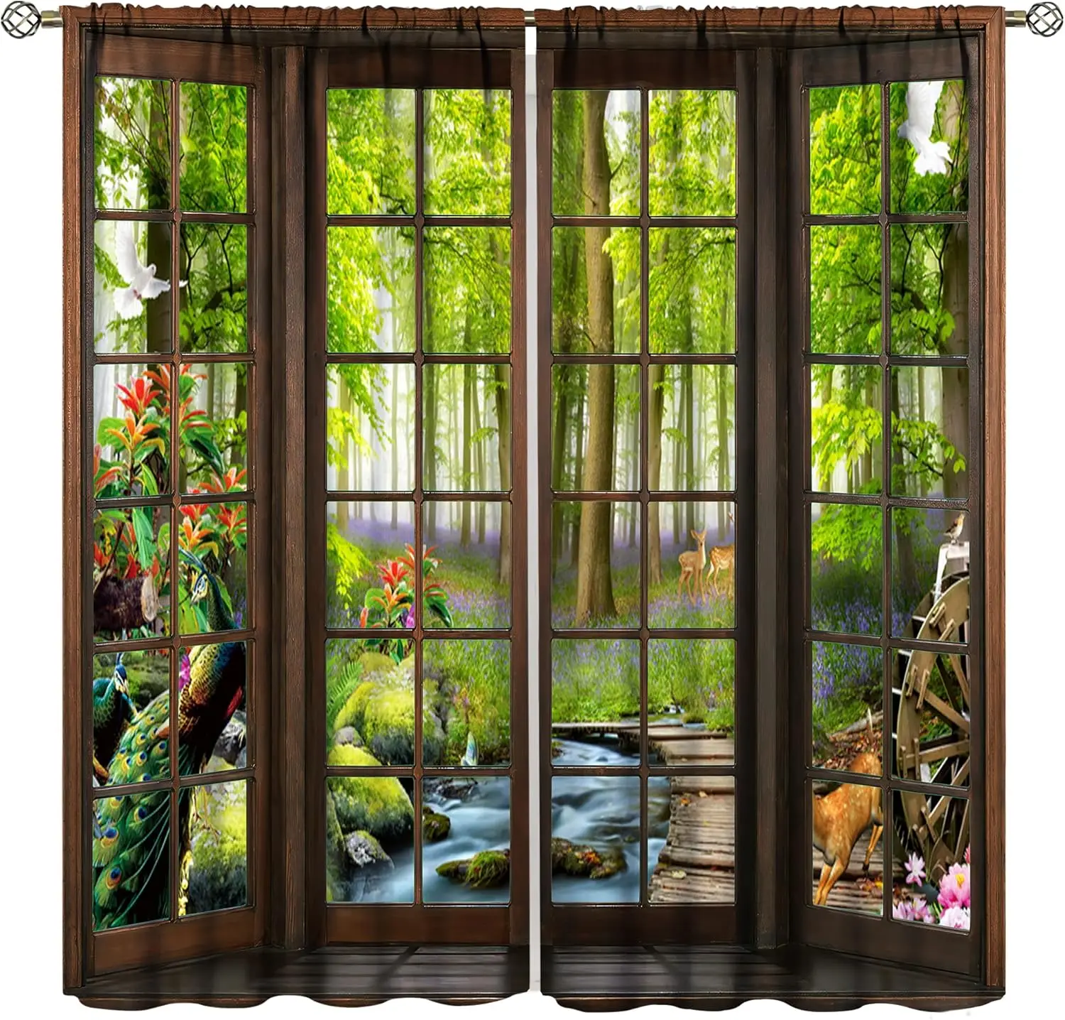 Landscape Curtains, 3D Window Spring Forest Wildlife Nature Scenery, Bedroom Living Room Blackout Thermal Curtains 2 Panel Set