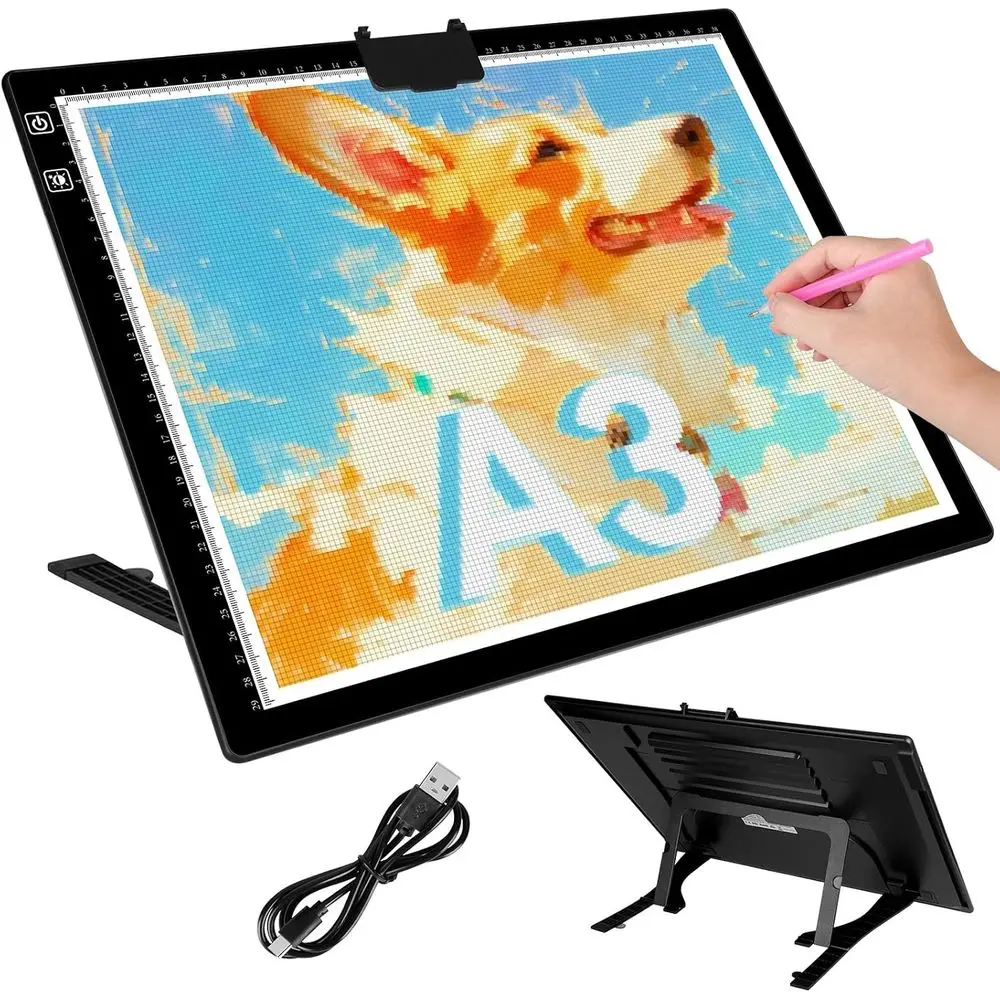 

Rechargeable A3 LED Light Pad, 16.7x13.5 inch Artwork Illumination Board with 3 Colors & 6 Brightness Levels, Ideal for Tracing,