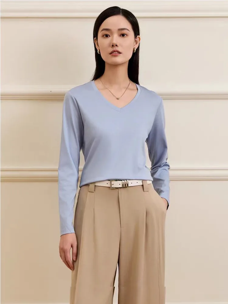 Mulberry Silk Cotton Long Sleeve T-shirt Women 6% Silk Round Neck V-neck Smooth Basic Loose Tops