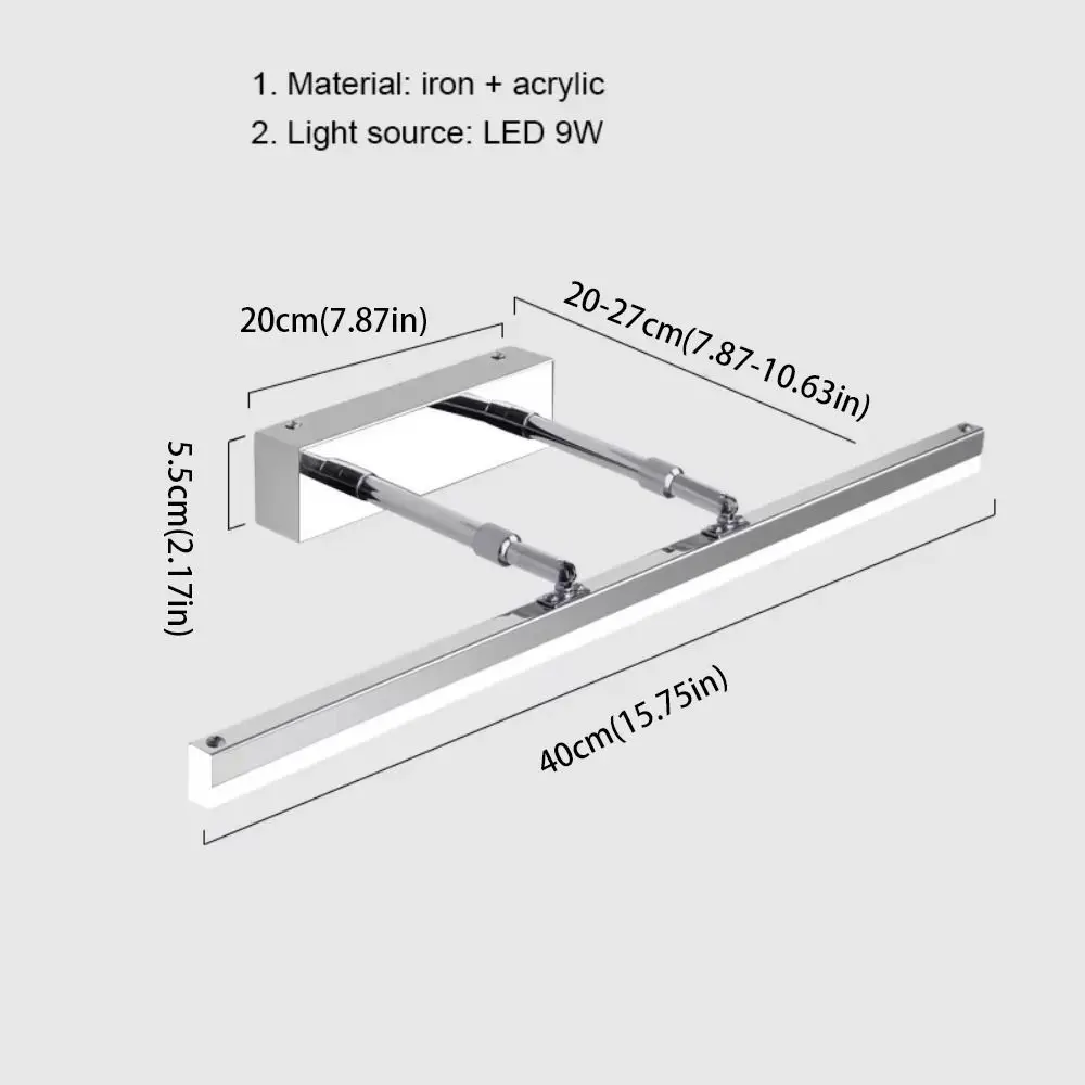 Electroplate 9W 40CM Lampu Dinding LED Dapat Ditarik Tanpa Bor Lampu Cermin Kamar Mandi Antikabut Tahan Air Kabinet Lampu Cermin Rias