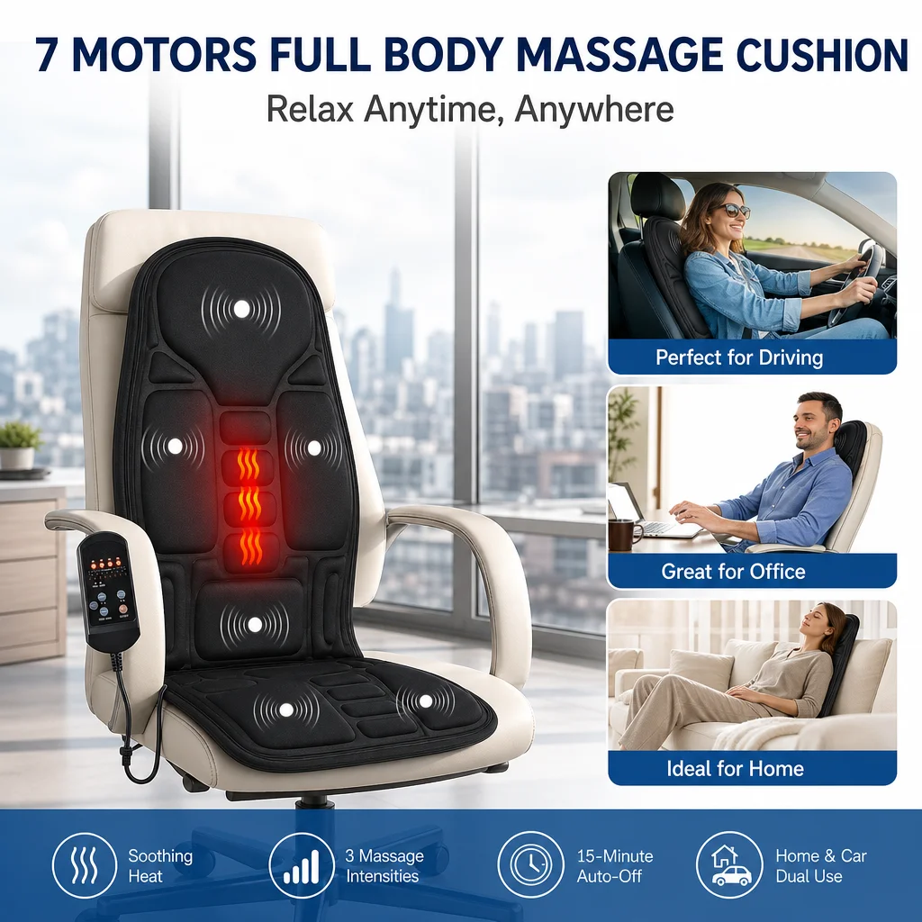 Electric Back Massager Massage Chair Cushion 7 Motors Heated Vibration Chair Pad Remote Control For Back Waist Car Home Office