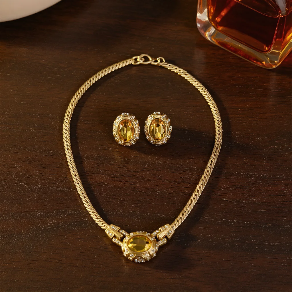 

3pcs Elegant Vintage Jewelry Set for Women Elliptical Geometry Necklace Shiny Crystal Choker Bridal Wedding Earrings Party