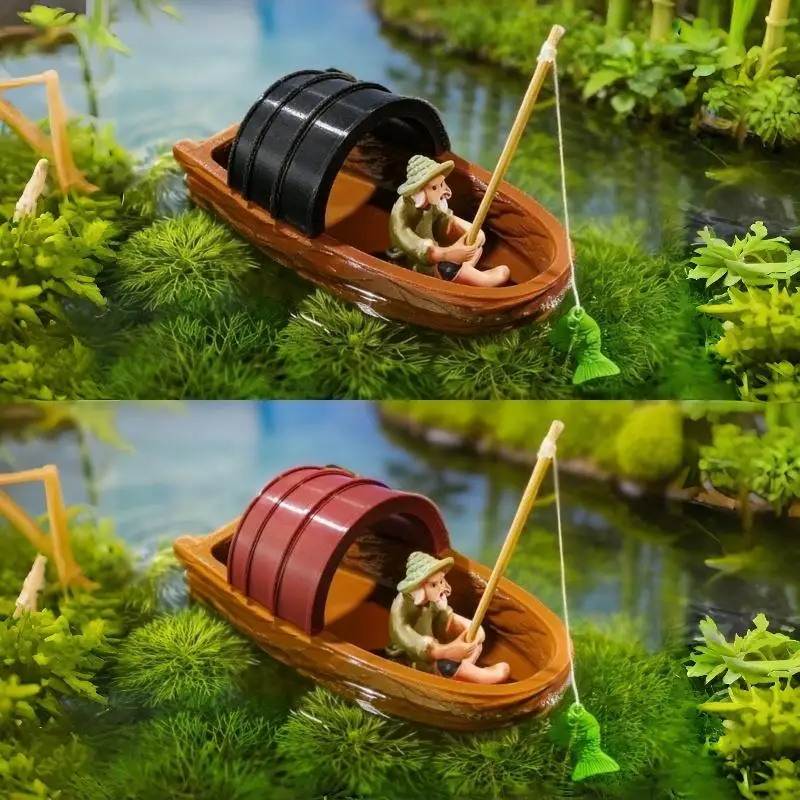 1 Set Fish Tank Pond Landscaping Decoration Handmade Floating Boat Fisherman Mini Boat Model Aquarium Accessories·