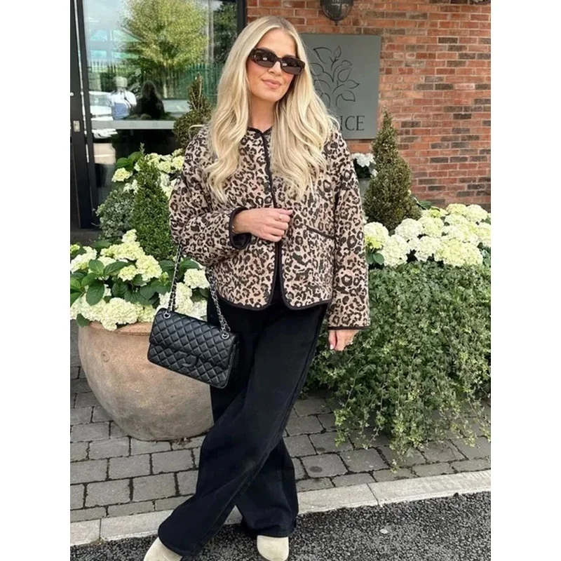 Leopard Cotton Jacket Coat Animal Print Loose Casual Commute Thin Cotton-Padded Jacket Women's Warm Outwear Cotton Clothing