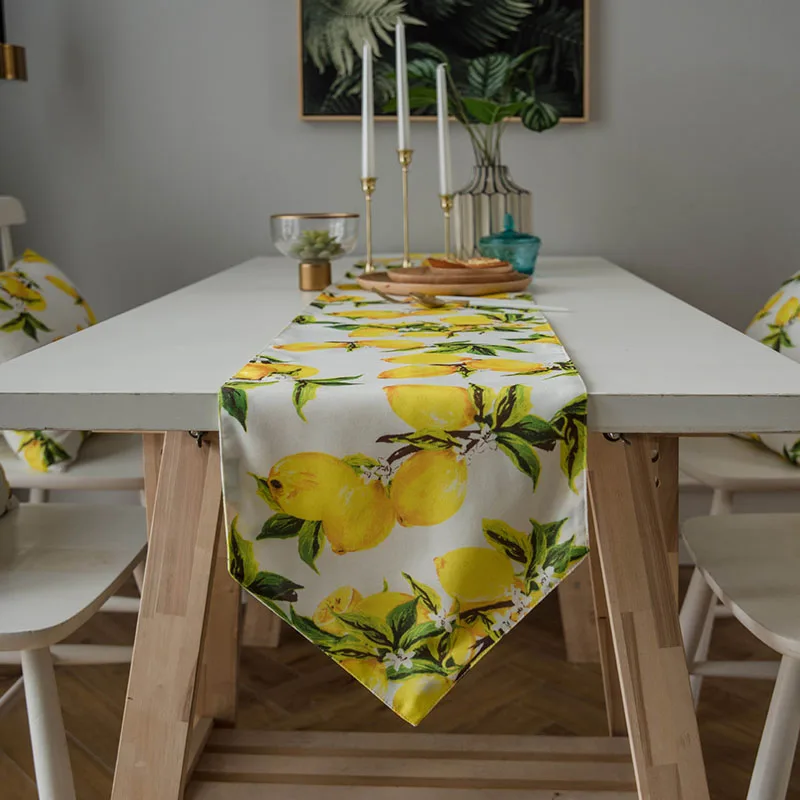Yellow Lemon Printed Pointed Table Runner Pastoral Plant Thick Tablecloth for Dining Party Soft Home Decoration for Four Seasons