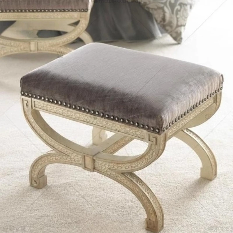 

All solid wood leather fabric shoe changing stool foot pedal French neoclassical fashion personalized dressing stool sofa stool