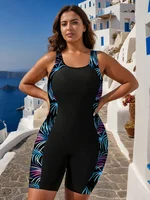 Plus Size Women's Black Tropical Leaf Print One Piece Swimsuit Sleeveless Bodycon Boyleg Bathing Suit for Beach Vacation - Image 6