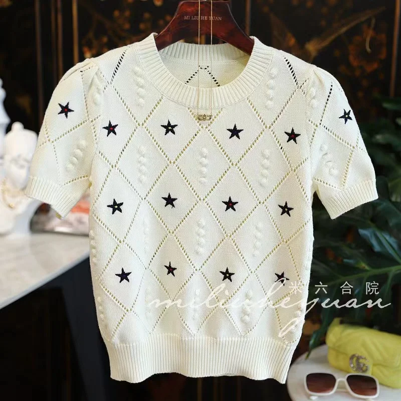 Star Print Short Sleeve Knitted T-Shirt Women\'s Tees 2023 Spring Summer Hollow Out Bubble Sleeve Slim Versatile Knitwear Y2k Top