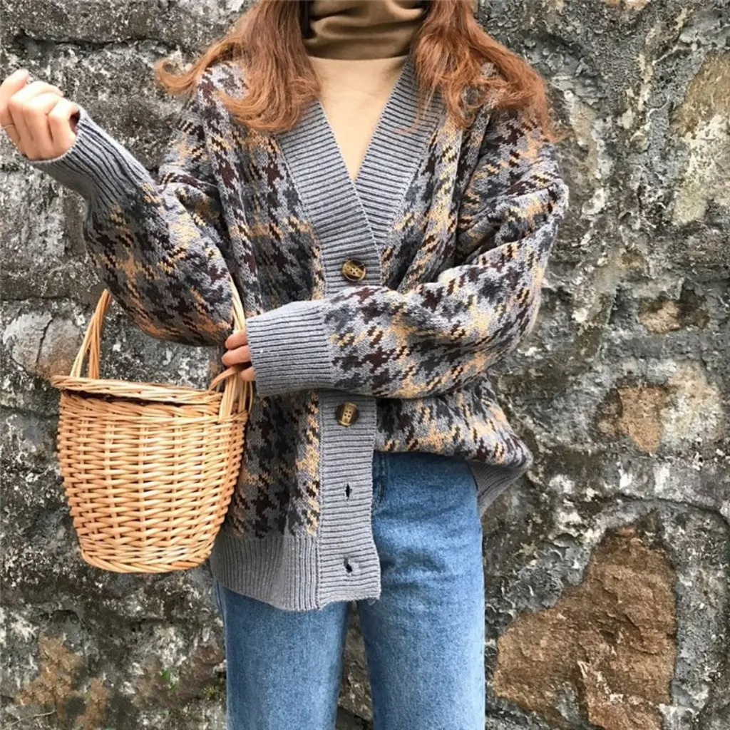 

Women's Autumn K-Style Retro Chic V-Neck Houndstooth Thickened Knitwear Jacket Mid-Length Long-Sleeved Cardigan