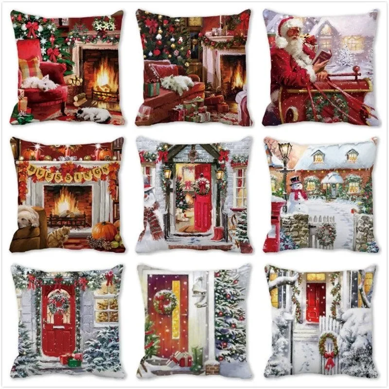 Christmas Cartoon Pillow Cover, Santa Claus Reindeer Snowman Cute Pillowcase, Sofa Living Room Cushion Cover, Home Decoration,