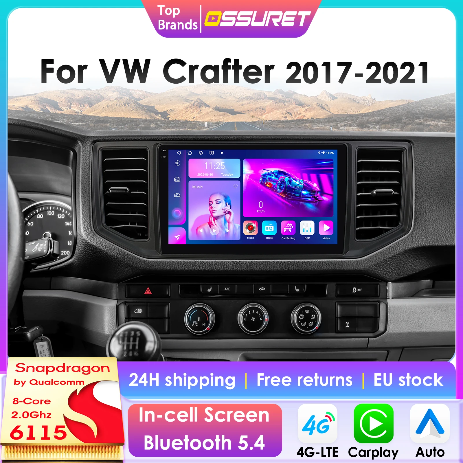 Autoradio 2Din con telecamera a 360° e sistema Android 13 per Volkswagen Crafter 2017-2021, lettore multimediale per auto con schermo intelligente e Carplay.