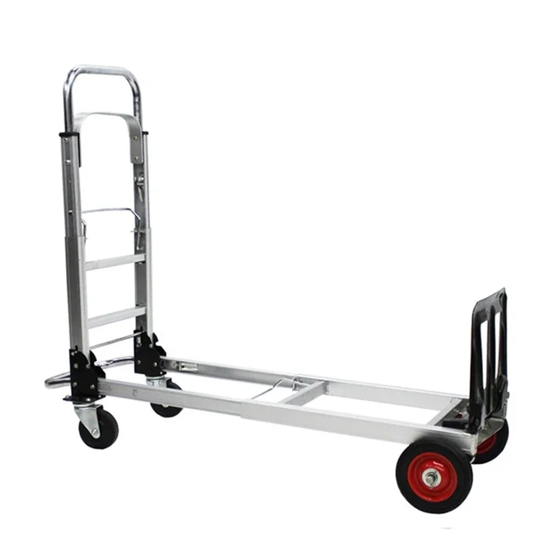 Folding Four-wheel Hand-pulled Luggage Cart Shopping Trailer Express Logistics Trolley All Aluminum Plate Handling Cargo Trolley