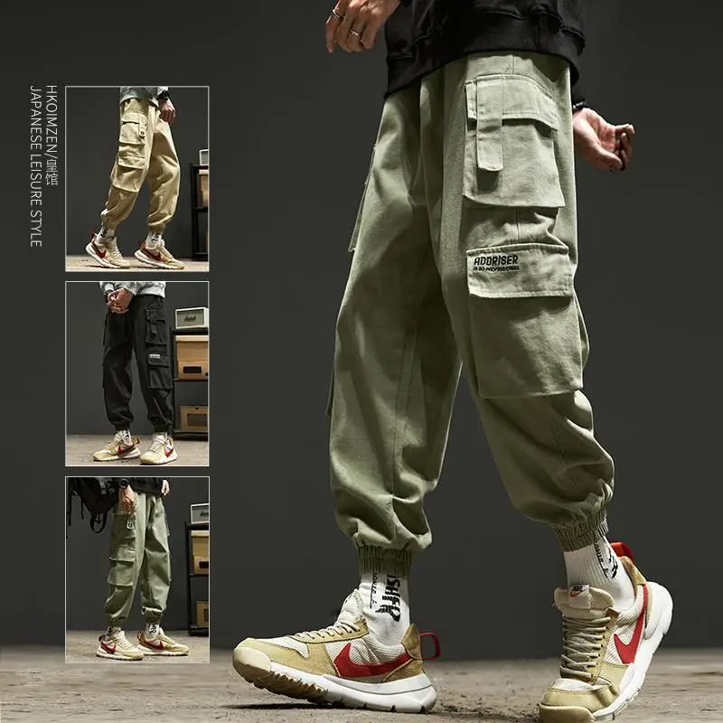 Fashion Solid Color Printing Letter Waist Drawcord Multiple Pockets Cargo Pants Man Classic Foot-binding All-match Trousers