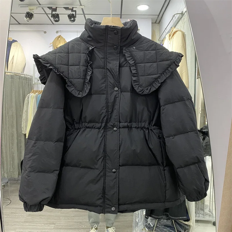 2022 Women Autumn Winter Loose Padded Zipper Solid Color Short Jacket Stand Doll Collar Casual All Match White Duck Down Coat