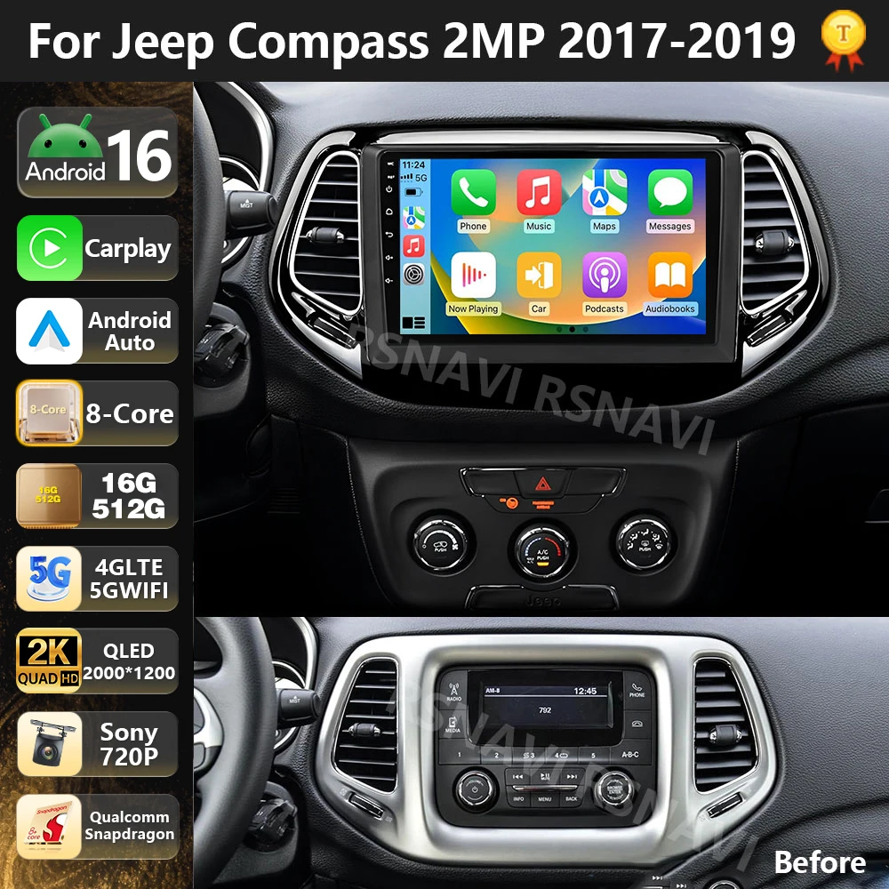 Radio Multimedia Qualcomm Android 16 para Auto, Reproductor para Jeep Compass 2017-2019, Auto Carplay, Estéreo para Auto, DSP, wifi+4G, 2 Din, Navegación