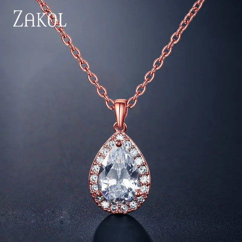 ZAKOL Trendy Water Drop Zircon Chain Pendant Necklaces Sparkling Tear Simple Zirconia Crystal Wedding Jewelry For Women FSNP3002
