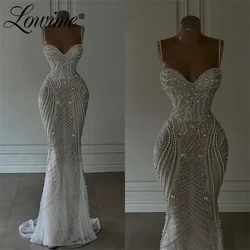 Customized Pearl Dress White Spaghetti Strap Prom Dresses Luxury Beaded Crystals For Women Wedding Party 2024 Robes De Soirée