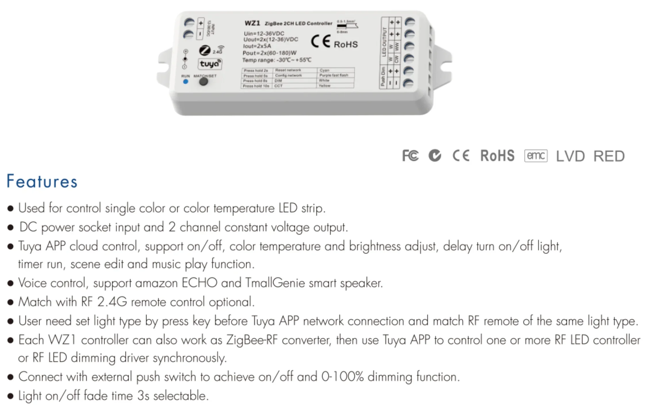 Tuya Zigbee LED Dimmer 2 IN 1 WW CW CCT Controller 12V 24V 36V DC 2.4G RF Wireless Remote Dimming Switch WZ1 Dimmer for Alexa